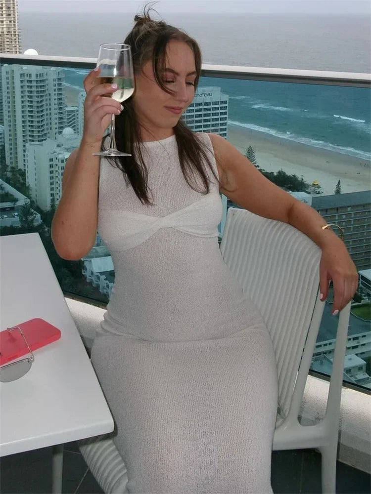 Tossy Summer Beach Knit Maxi Dress For Women Cover-Up Pink Sleeveless Twist Sundress Knitwear See-through Maxi Bodycon Dress New clothes