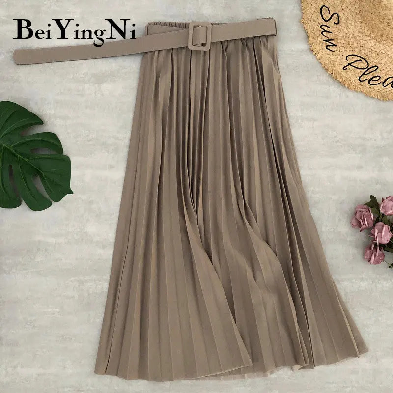 Beiyingni Women's Skirt Belt Casual Fashion Midi Long Pleated Skirts Ladies High Waist Retro Spring Summer Faldas Female 2025