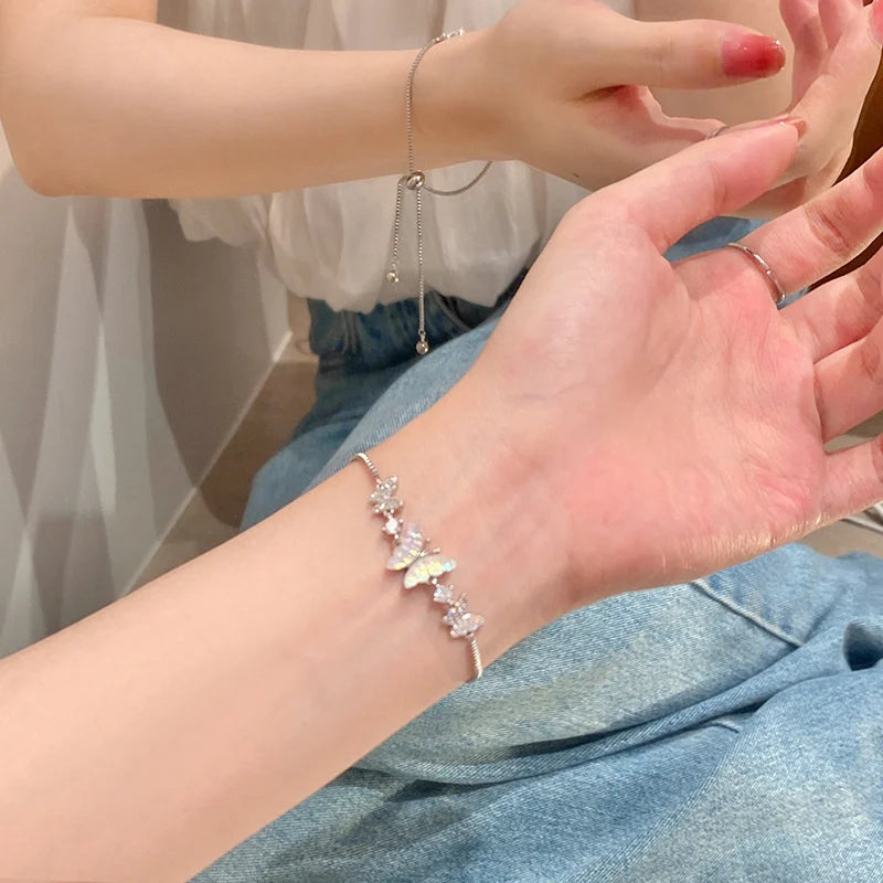 Colorful Zircon Butterfly Drawstring Bracelets For Women Lovely Bowknot Silver Color Adjustable Bracelets Jewelry Birthday Gifts