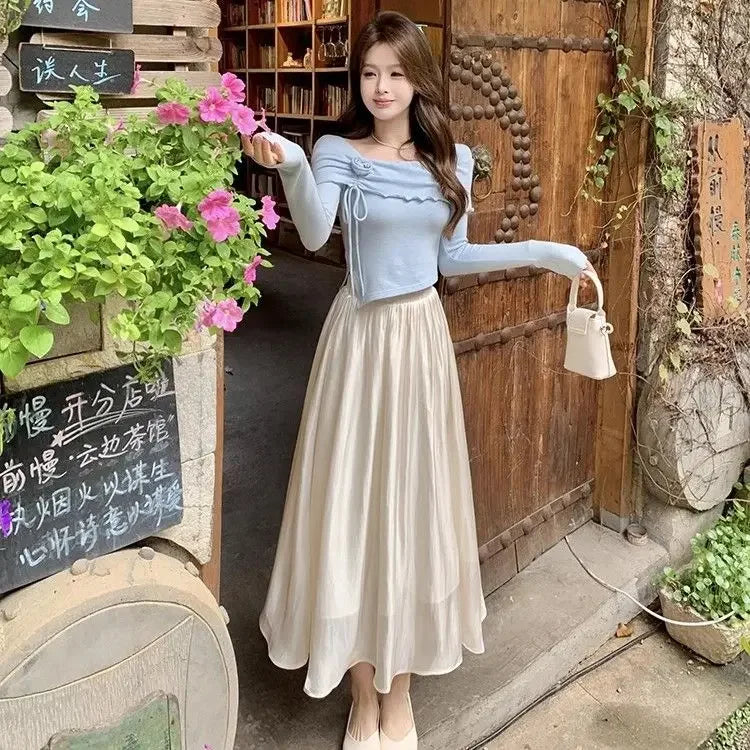 2024 Bow Top T-shirt Gentle and Sweet Short Skirt Set for Women's outfits 3D Rose Slim Elastic Waist A-line Skirt Two-piece Set