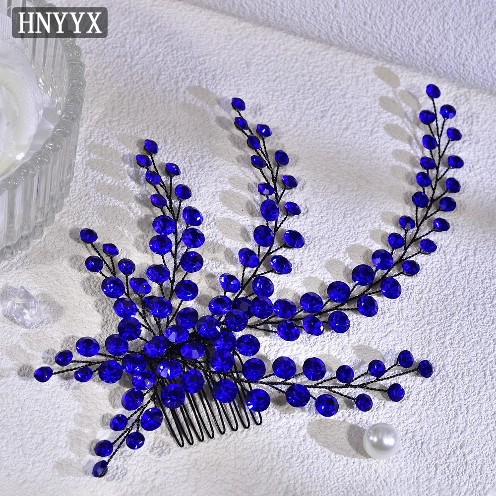 HNYYX Crystal Bridal Hair Comb Alloy Flower Hair Accessories Blue Rhinestone Hair Clip Elegant Hairpin for Women Party A231