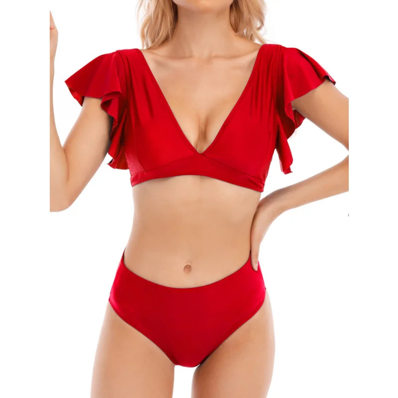 Summer Women 2023 High Waist Bikinis Ruffle Swimwear Swimuit Female Retro Solid Color Beachewear Bikini Set Women's Clothing