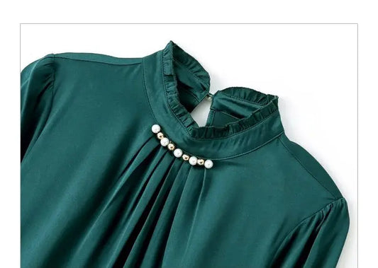 Birdtree 92%Real Silk Women Elegant Fashion Shirt Ruched Collar Diamonds Blouses 2024 Spring Autumn Office Lady Tops T3D983QM