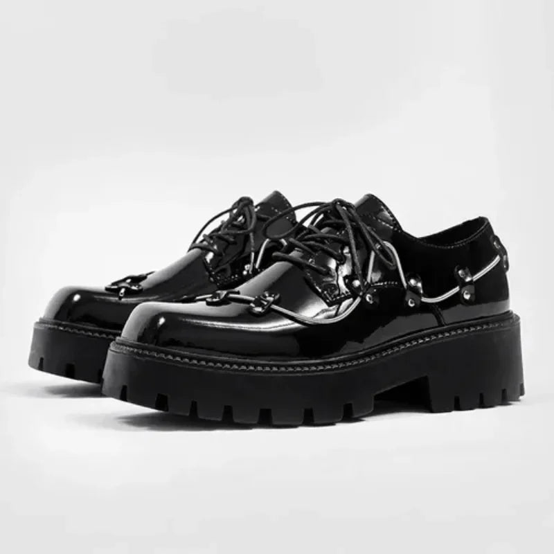 2025 New Small Style Thick Soled Derby Shoes Square Head Black Men's Business Casual Leather Retro Spring Decorative Shoes Men