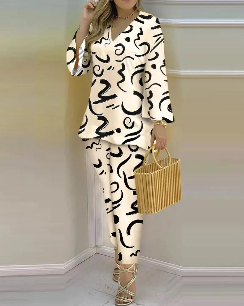 2025 Ladies' Checkered Print Suit Summer Long Sleeve V-neck Polyester Printing Two Pieces Sets Top And Long Pant Clothes Women