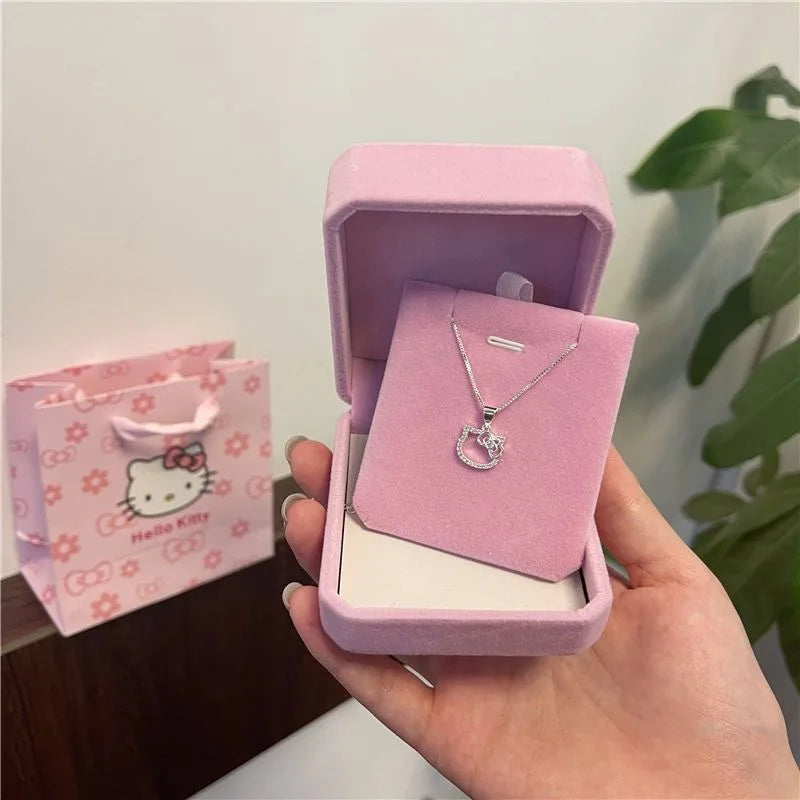 قلادة من الكريستال الوردي من Kawaii Hello Kitty Sanrio من سبائك الفضة سلسلة مجوهرات أنمي سحرية للنساء إكسسوارات عيد الحب هدية للبنات