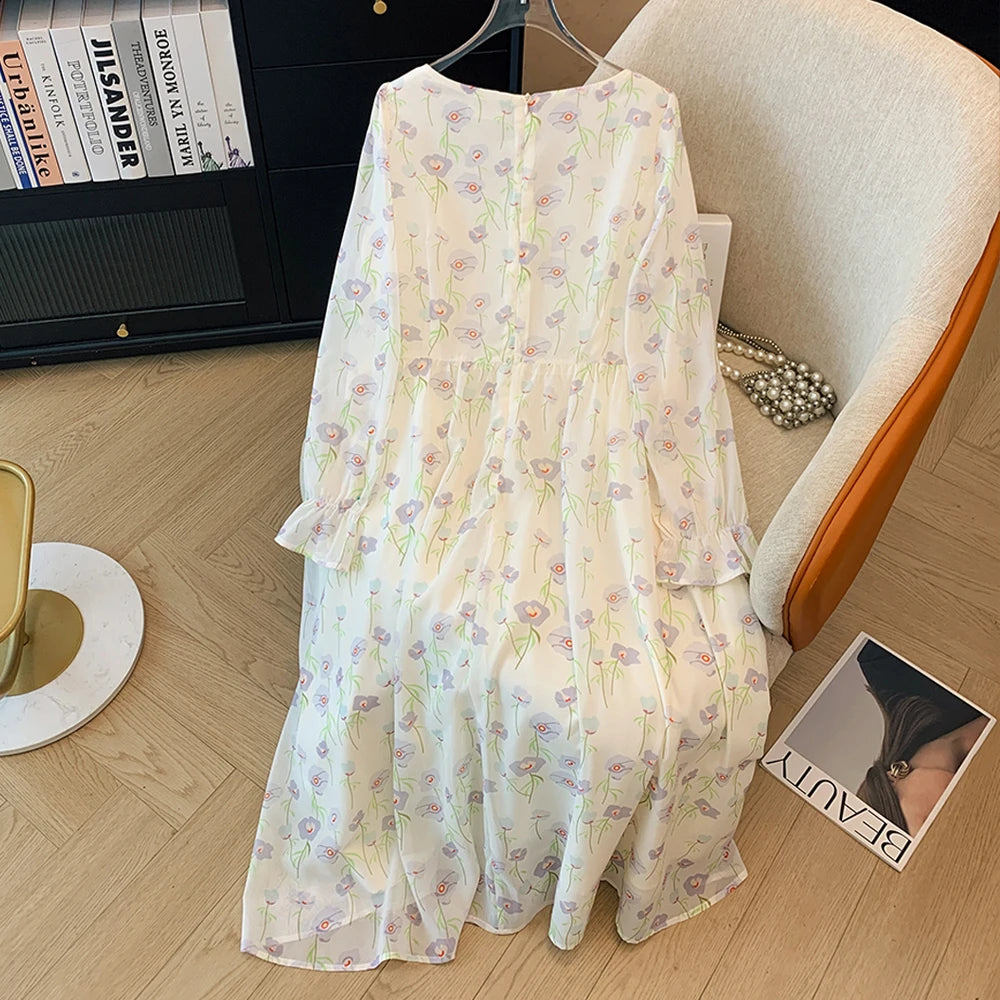 Spring and autumn plus size women's new casual French chiffon floral dress sweet wind loose comfortable home long-sleeved dress