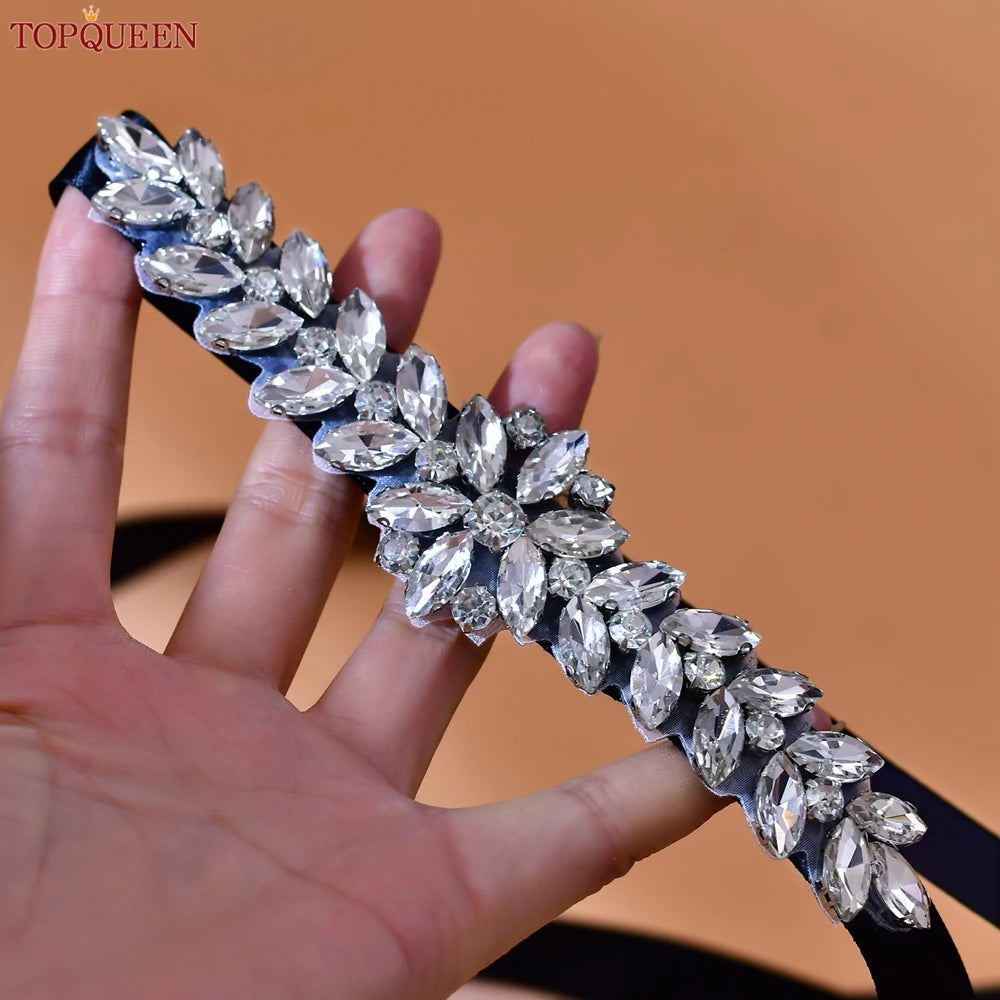 TOPQUEEN Wedding Dress Belt Sash Banquet Party Accessories Bridal Belt Silver Rhinestone Handmade Applique S69