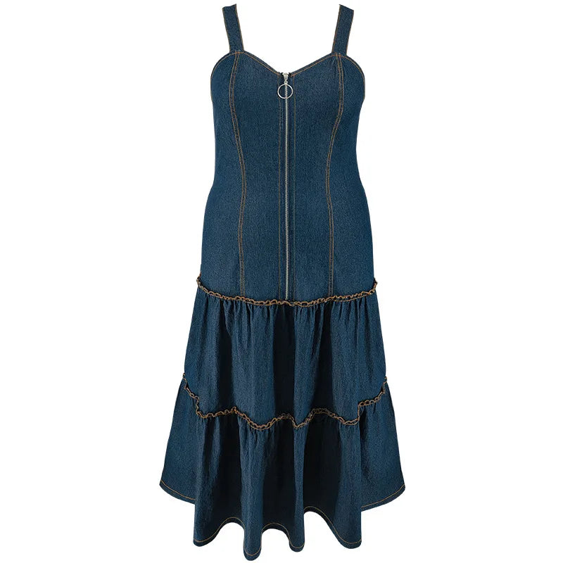 2025 Summer Spaghetti Strap Plus Size Denim Dress Women Sleeveless Large Midi Jean Dress Lady Backless Pleated Curvy Long Dress