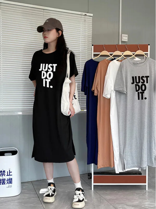Korean version short sleeved t-shirt dress summer clothing fashionable and minimalist long dress casual knee length dress D42B