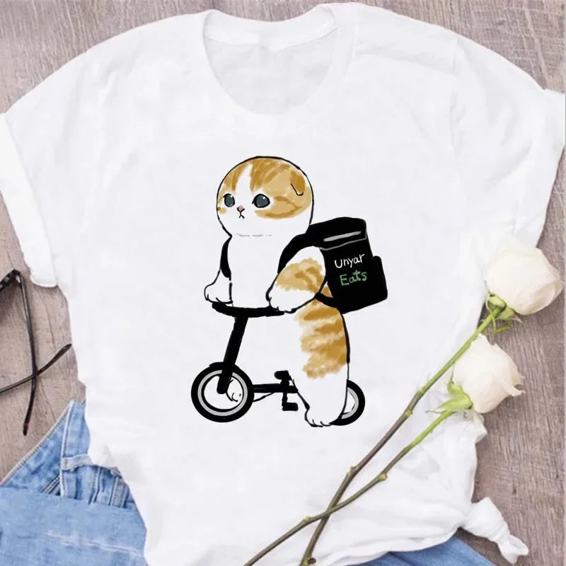 Cute Cats Printing Women T-shirts New Kawaii Women's Tops Fashion Women Clothing Funny Korean Style Creative Casual Clothes Tees