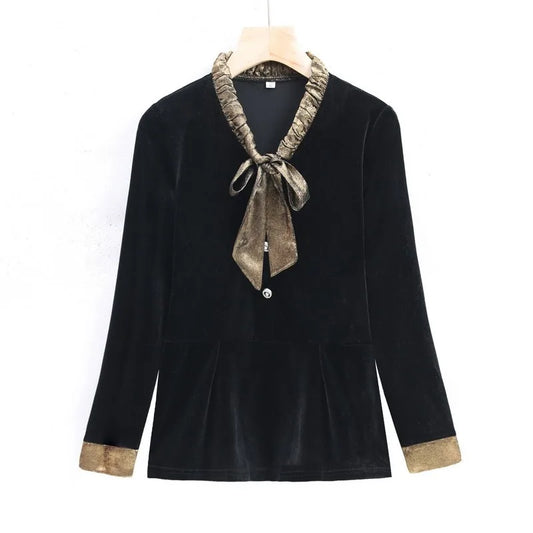 Women Bowtie collar Elegant Basic Blouse Spring Autumn Fashion Gold Velvet Shirt Long Sleeve Pullover Tops Women's Clothing