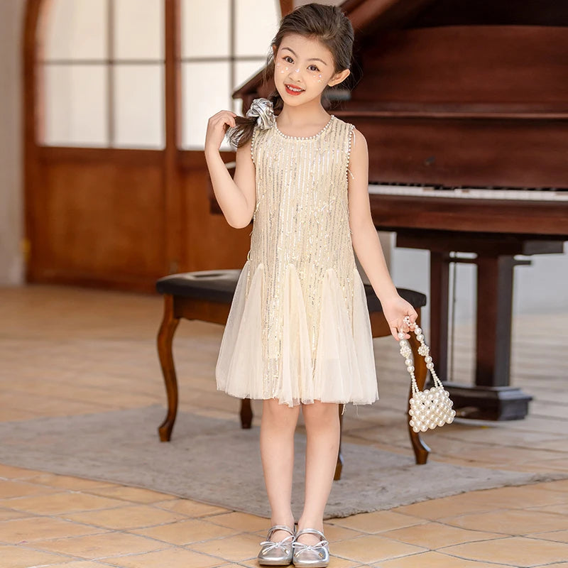 Beige girls dress Pearl tassel sequin vest