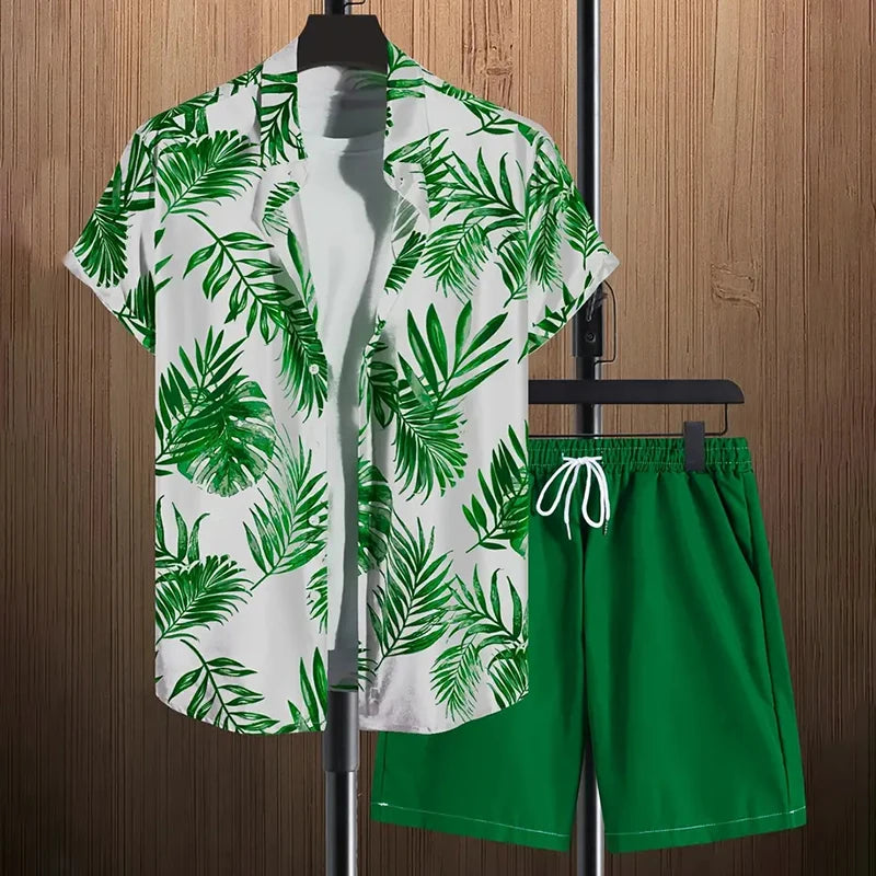 Stylish Lapel Button-Down Shirt Shorts Set Summer Men's Short-Sleeved Shirt Drawstring Shorts 2-Piece 3D Leaf Print Travel Suit mon