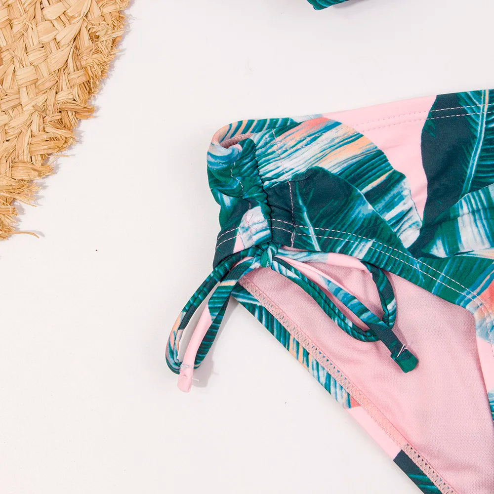 Leaf Print Bandage Girls Kids Swimwear Swimsuit 7-14 Years Falbala Children Bikini Set Wholesale Brand Baby Biquini Infantil 278
