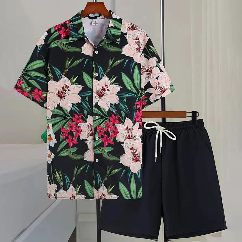 Stylish Lapel Button-Down Shirt Shorts Set Summer Men's Short-Sleeved Shirt Drawstring Shorts 2-Piece 3D Leaf Print Travel Suit mon