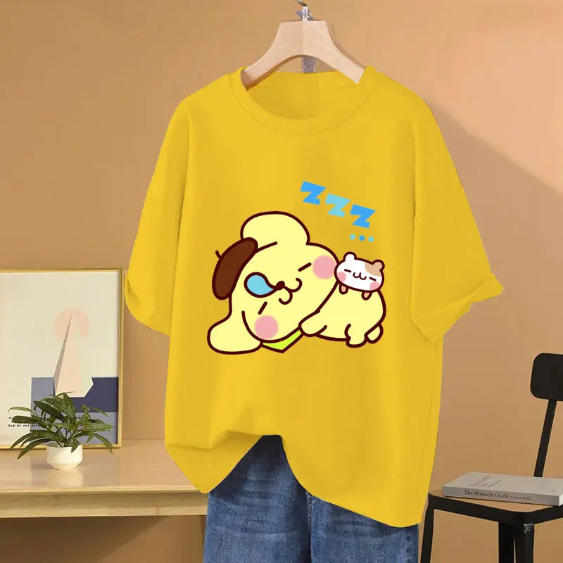 Clothes Pompom Purin Yellow Cartoon Anime Women T-shirt Summer Short Sleeve 100% Cotton Men Tee Shirts Tops 2025 Fashion Couple Clothes