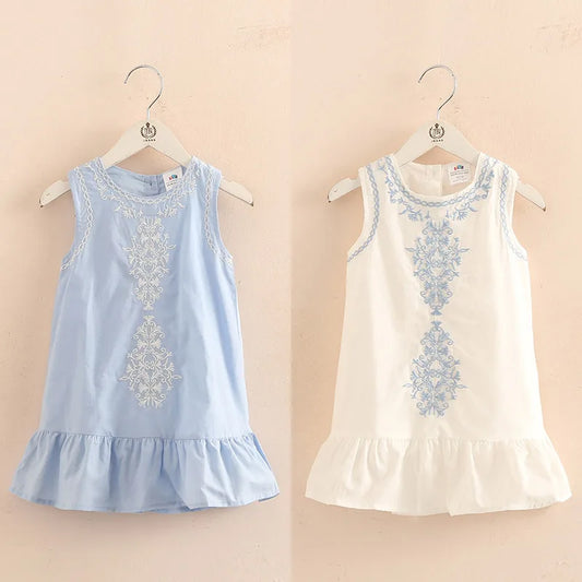 Summer 2-10 Years Brief Lace Embroidery Flower Floral Cotton Flounce Tank Sundress Sleeveless Kids Girls Dress