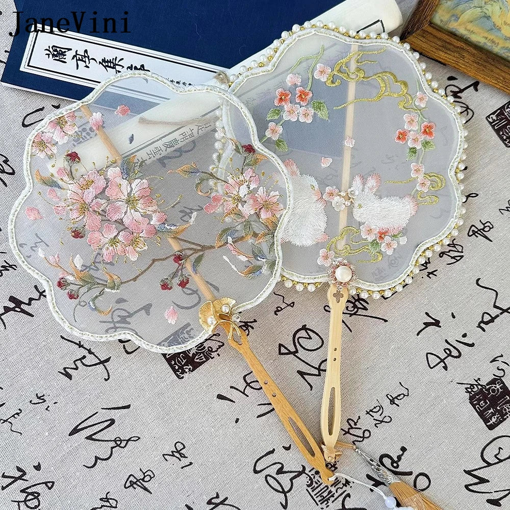 JaneVini Delicate Embroidery Flowers Rabbit Wedding Bride Fan Handmade Hanfu Xiuhe Bridal Fan Bouquet Accessories Handicraft