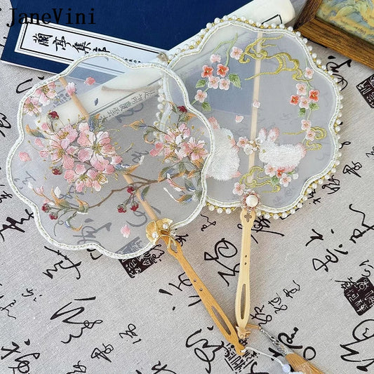 JaneVini Delicate Embroidery Flowers Rabbit Wedding Bride Fan Handmade Hanfu Xiuhe Bridal Fan Bouquet Accessories Handicraft