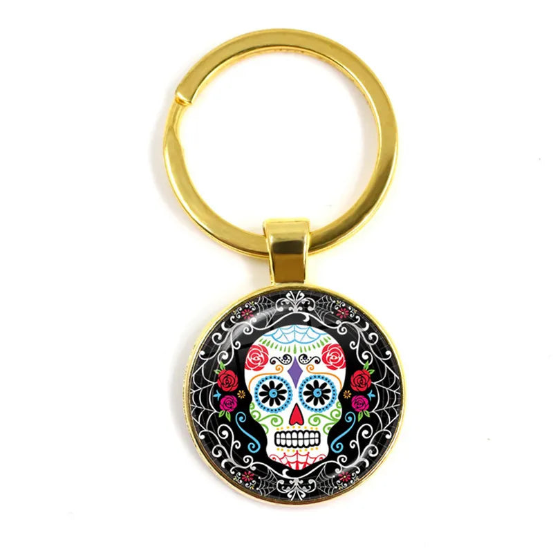 Fashion Colorful Sugar Skull Keychain Mexico Folk Art Patterns Glass Pendant Key Chain Jewelry Holiday Gift