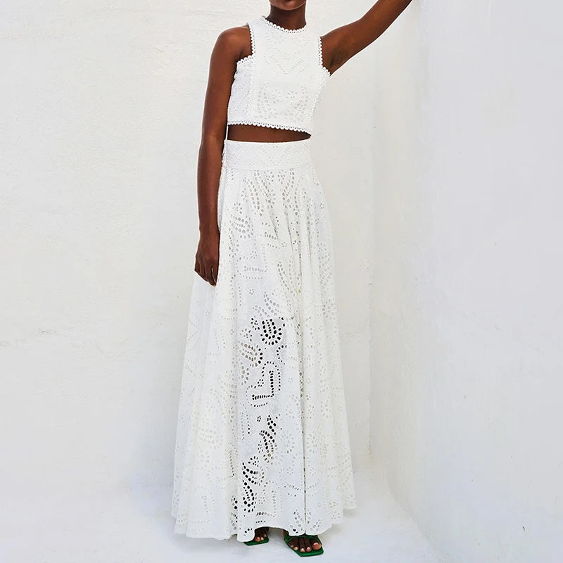 Women Elegant Embroidery Hollow 2Pc Suit Fashion O-neck Vest Top & Long Skirt Outfits Casual Sleeveless Pleated Solid Beach Sets