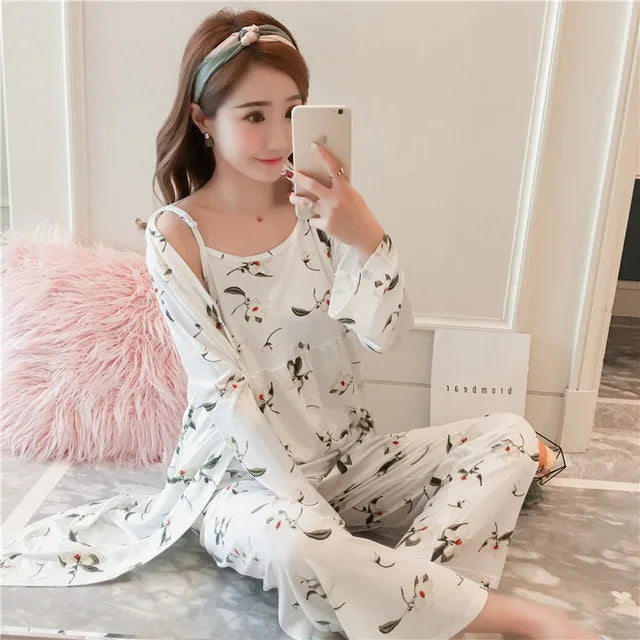 3 Pieces Women Japan Kimono Pajamas Cotton Sleepwear Pijama Soft Home Clothing Floral Printing Sleep Lounge Pyjama Pyjamas Set
