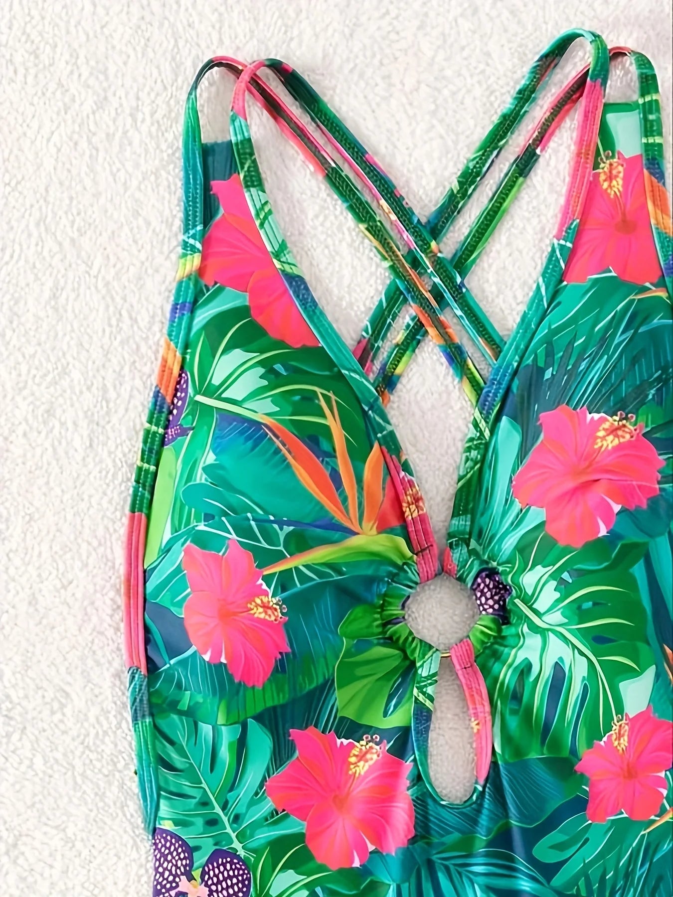 Tropical Print One-piece Swimsuit Bikini Set Ring-Linked Criss Cross Straps Backless Women Swimwear