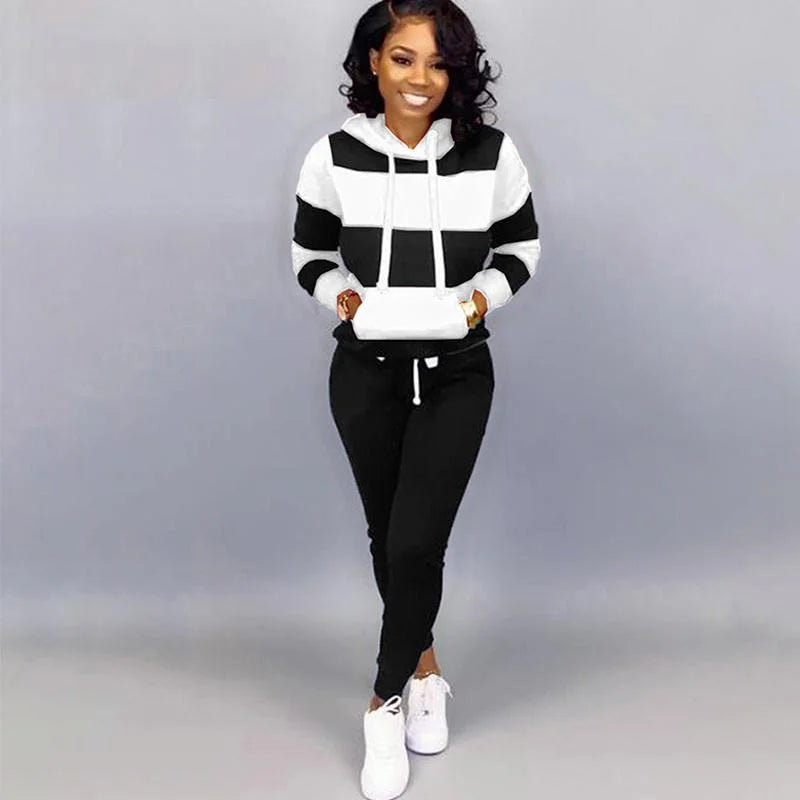 Women's horizontal striped sportswear two-piece long sleeved full zippered hoodie and pants sportswear set slim fit sportswear