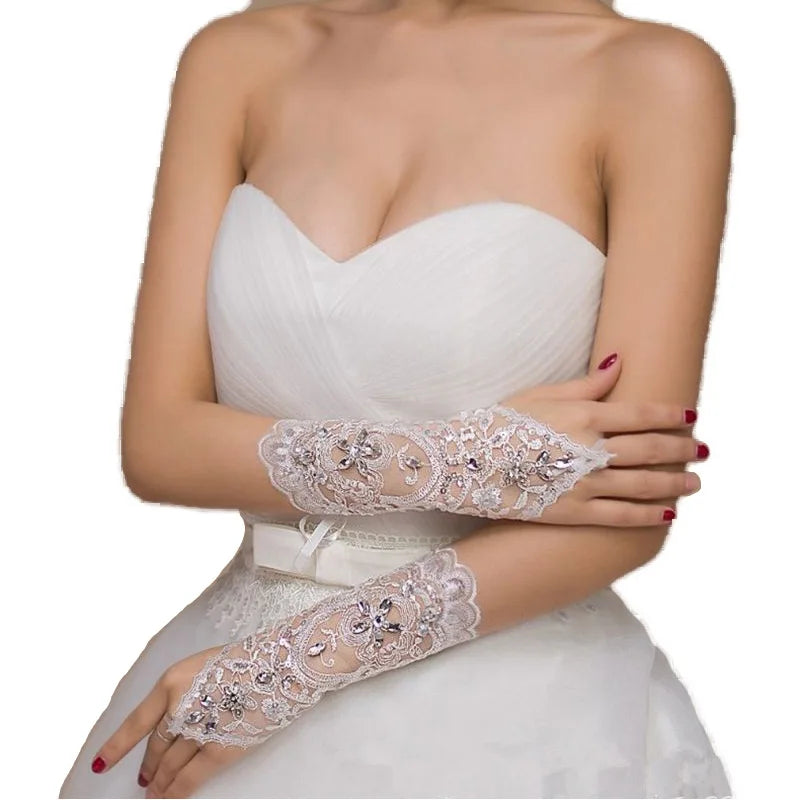 Lace Fingerless Elbow Length Bridal Gloves with Rhinestone for Women Paragraph White Wedding Accessories