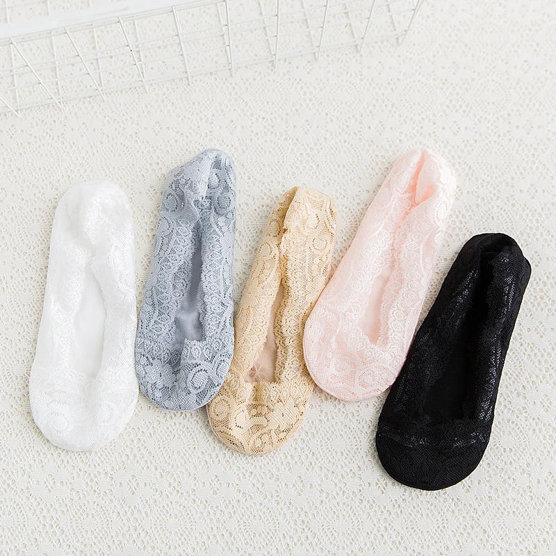 5pairs Summer Women Girl Silica Gel Lace Boat Socks Invisible Cotton Sole Non-slip Antiskid Slippers Anti-Slip Short Ankle Socks