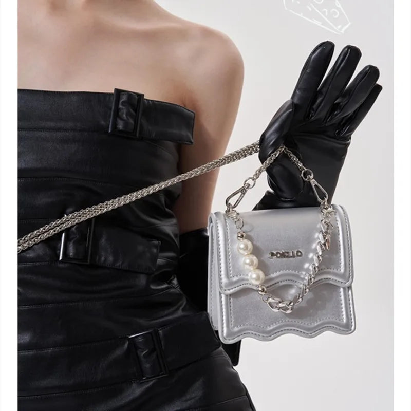 Original Design 2024 New High-end Silver Pearl Chain Small Square Bag Casual Versatile Trendyy Elegant Small Bag Shoulder Bag Cr