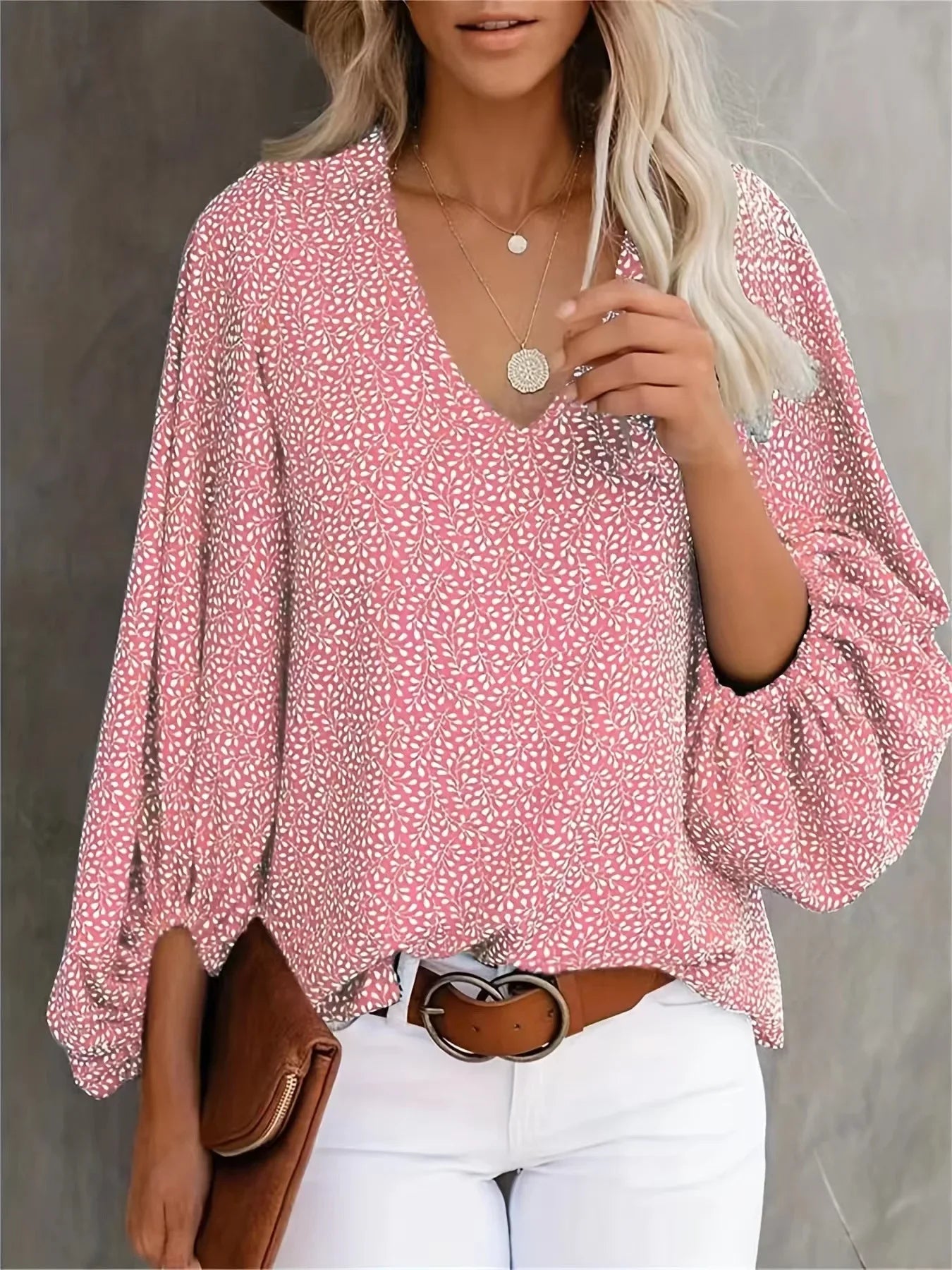 2025 Women's clothes New Arrival Hot Selling Spring And Summer V-neck Casual Printed Lantern Sleeve Shirt Ladies Clothes Fashion Shirts