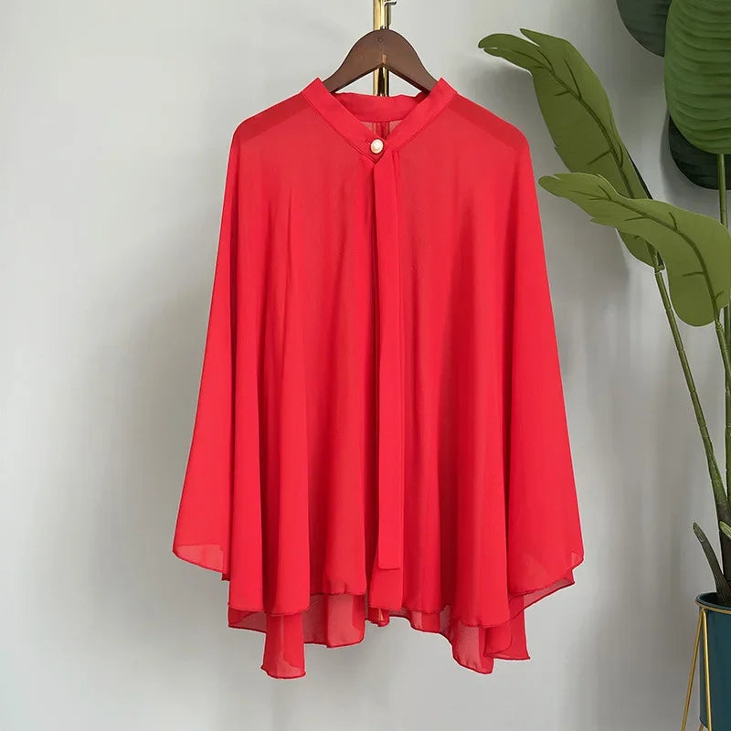 2025 Summer New Shawl Chiffon Sunscreen Clothes Women Lace Up Cloak Thin Air Conditioning Cardigan Lady Poncho Capes Black