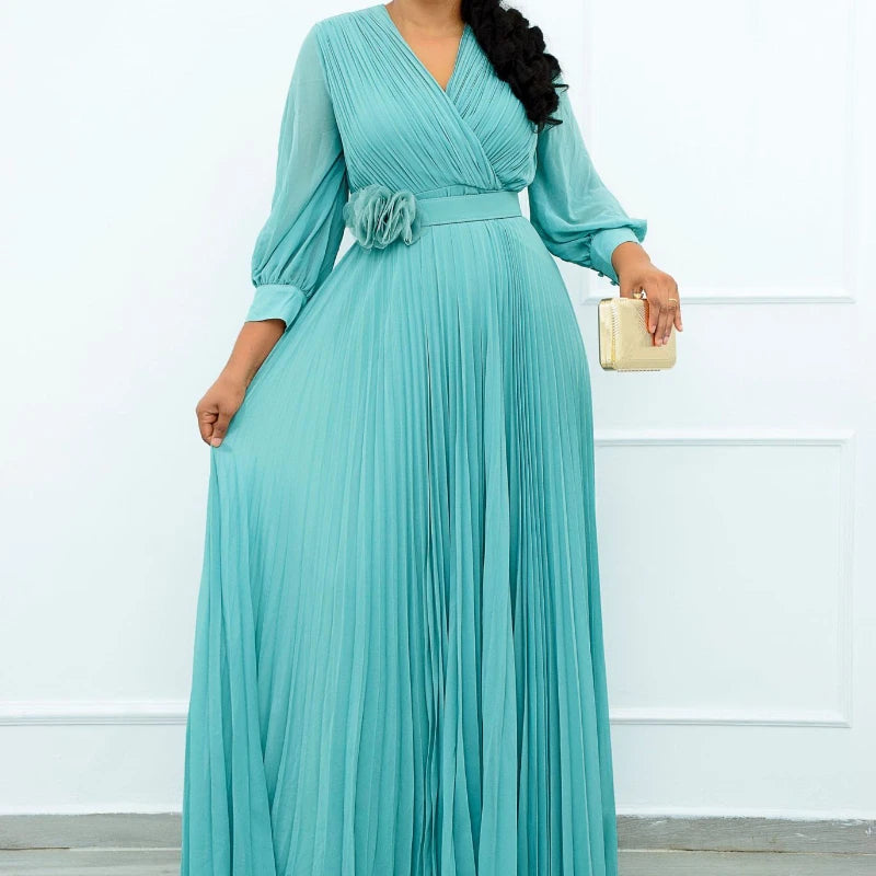 Women Plus Size Lantern Long Sleeve Long Dress Fashion Elegant Solid Color V Neck Belt High Waist Ruched Evening Birthday Party