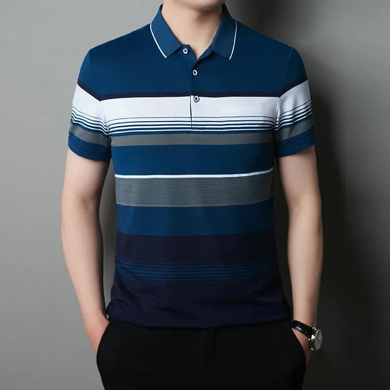 Men's Polo Shirts Korea Man Golf Shirts Summer Striped Print Button Clothing Business Style Male Streetwear Short Sleeve T-Shirt