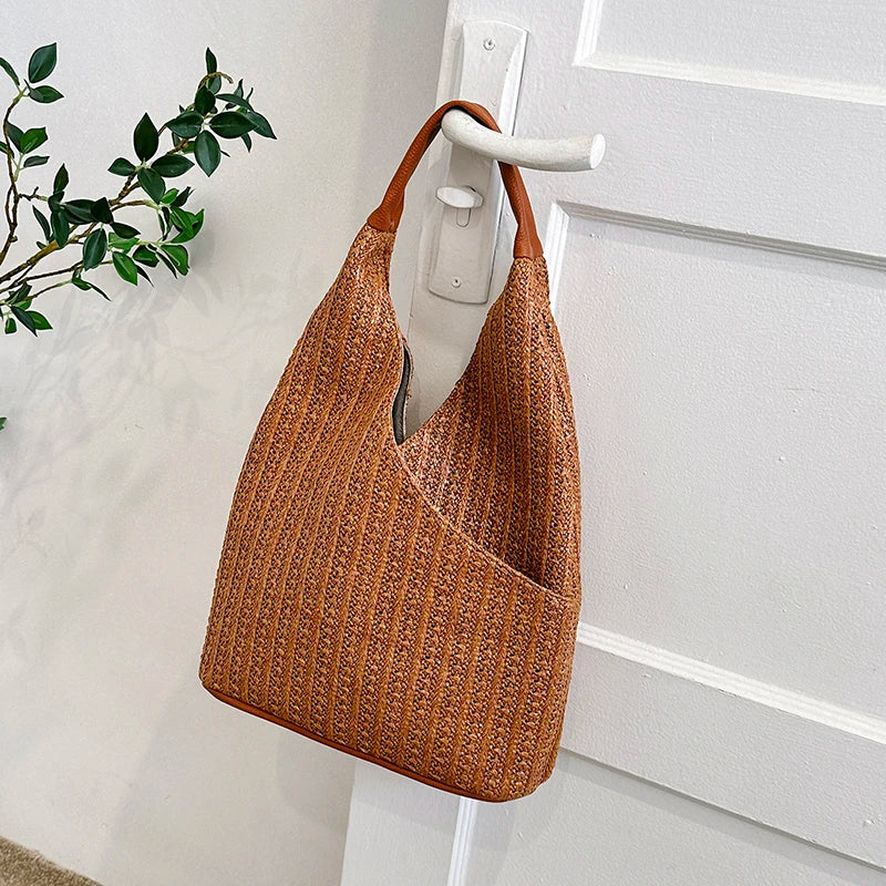 Fashion Straw Hollow Out Knitting Tote Bag Summer Cute Shoulder Bag Large Capacity Handbags and Purses Weave Beach Bag