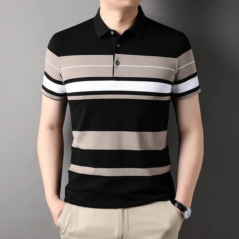 Men's Polo Shirts Korea Man Golf Shirts Summer Striped Print Button Clothing Business Style Male Streetwear Short Sleeve T-Shirt