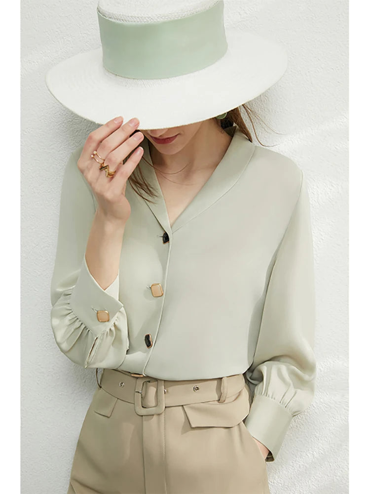 Amii Minimalism Blouse Women Spring Vneck Solid Chiffon Blouse Office Lady Casual Shirts Elegant Blusas Female Tops 12030219 clothes