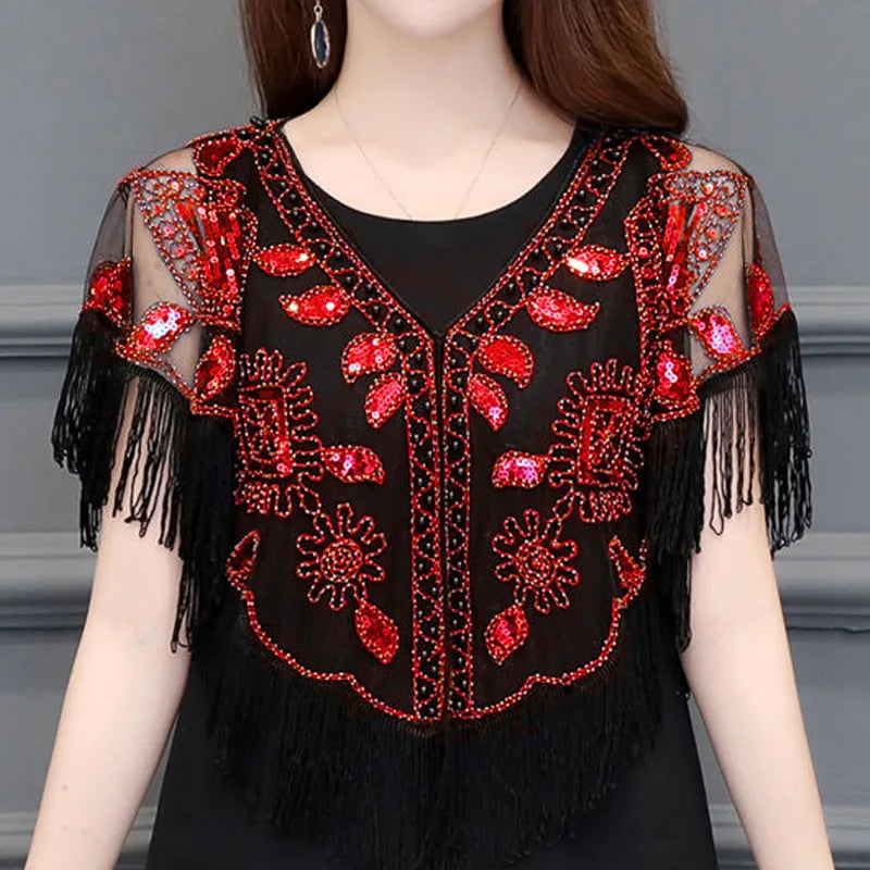 Bling Tassels Blouse Shirt Women Summer Sequin Casual Tops Evening Shawl Wraps Mujer Poncho Shirt Party Club Clothing
