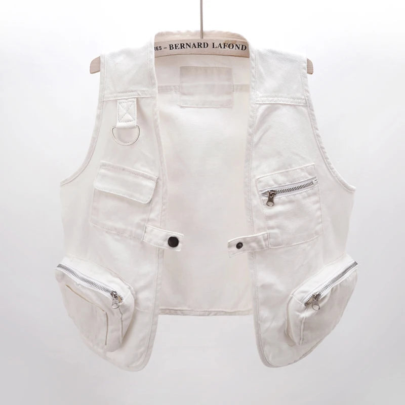 Summer Korean clothes White Denim Vest Women Cardigan Waistcoat Loose Short Big Pocket Sleeveless Jacket Jeans Vests Female Streetwear
