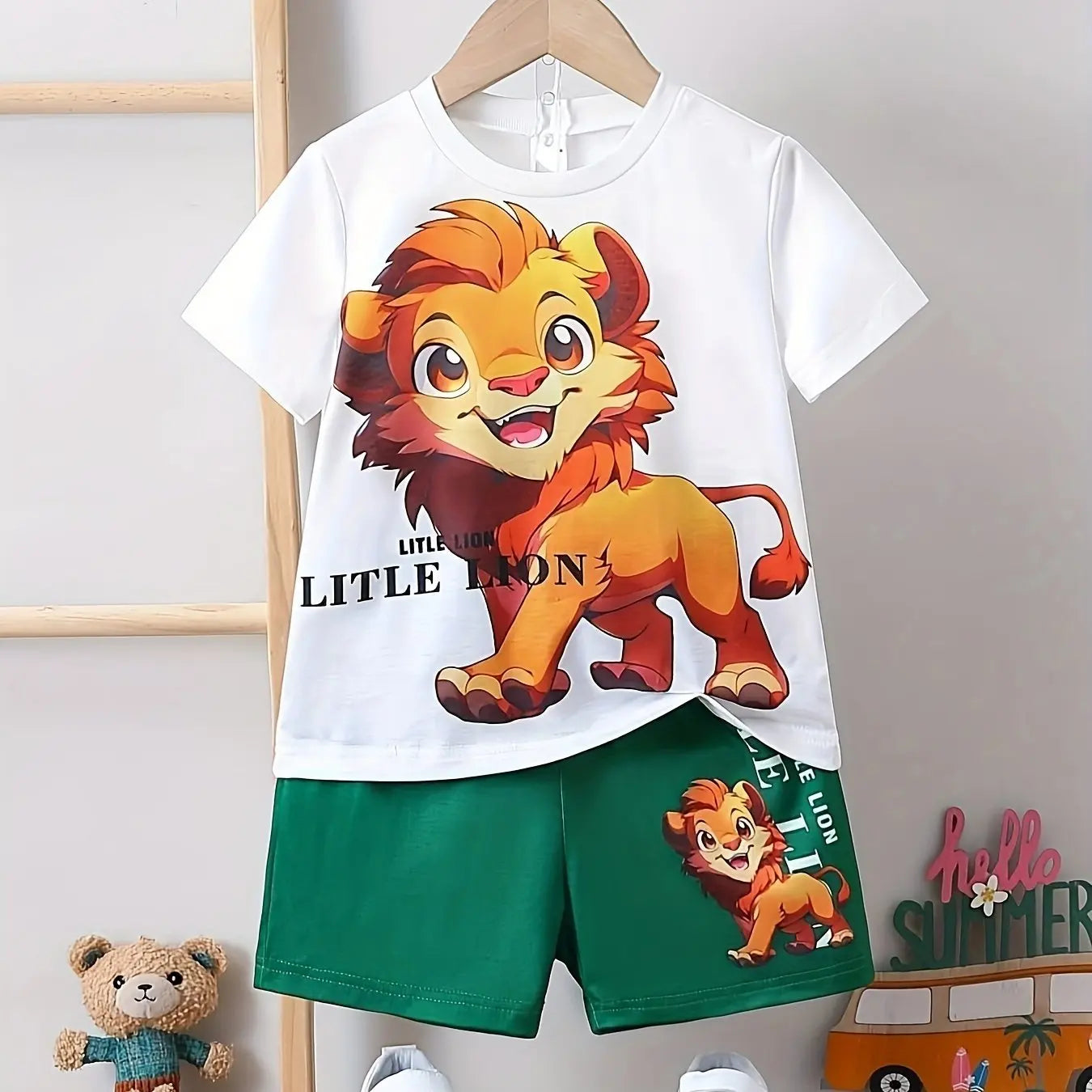 2024 Kids Clothes 2pcs Boys Fun Cartoon Bear Print Short Sleeve T-Shirt Shorts Set Summer Active Boys Complete Stylish Look