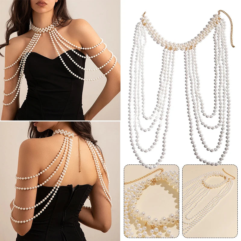 Boho Tassel Imitation Pearl Bridal Shoulder Chain Necklace for Women Elegant Shawl Jewelry Accessories Bridal Tassel Body Chain