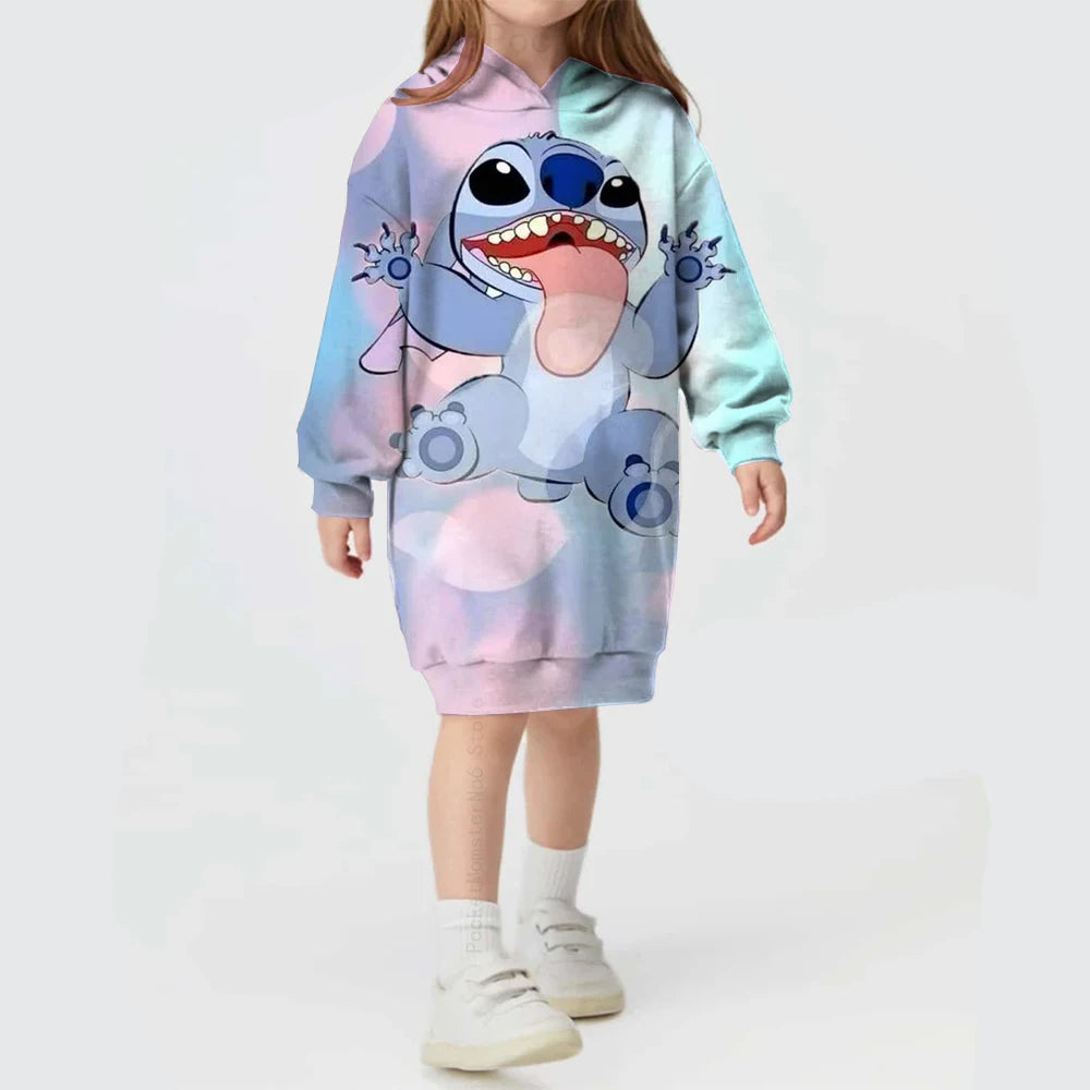 2024 Autumn and Winter Sweater Dress Christmas Disney Stitch Print Hoodie Dress Baby Girl Cute Fashion Hoodie Dress
