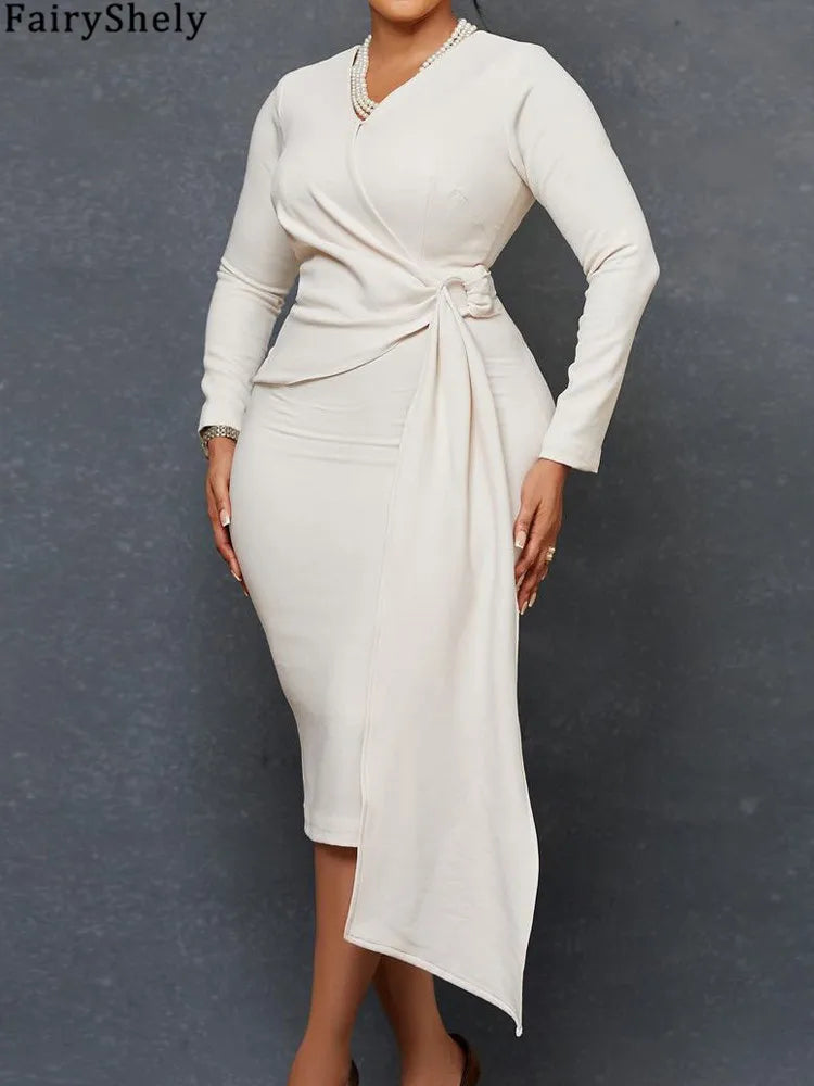 FairyShely Spring 2025 Bodycon Plus Size Dress Women Large Long Sleeve Big Dresses Lady Solid O Neck Party Tight Curvy Dress