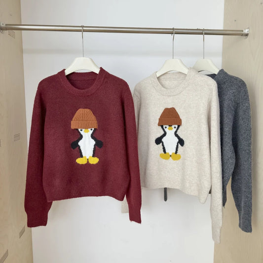 2024 New Autumn Winter Women Loose Pullover Sweater High Quality Korean Chic Cute Hat Penguin Jacquard Knitted Sweater
