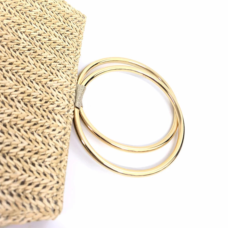 Straw Tote Handbags for Women Trend Summer Beach Woven Purses with Metal Circle Top Handle Ladies Shoulder Messenger Bags
