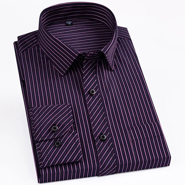 Men's Classic Standard-fit Plaid/striped Social Office Dress Shirt Single Patch Pocket Long Sleeve Formal Business Basic Shirts