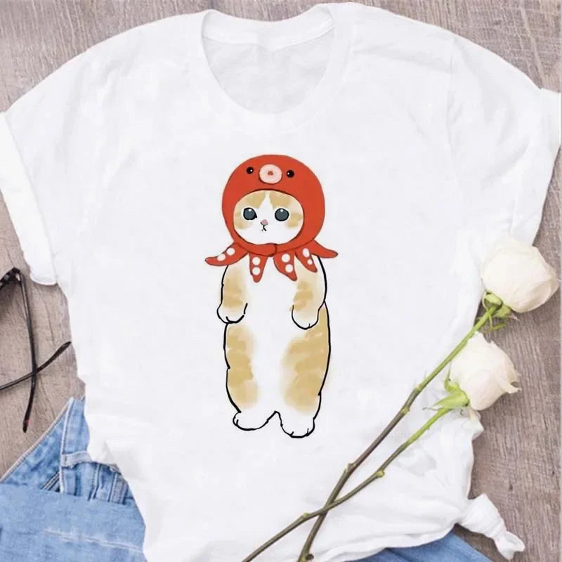Cute Cats Printing Women T-shirts New Kawaii Women's Tops Fashion Women Clothing Funny Korean Style Creative Casual Clothes Tees