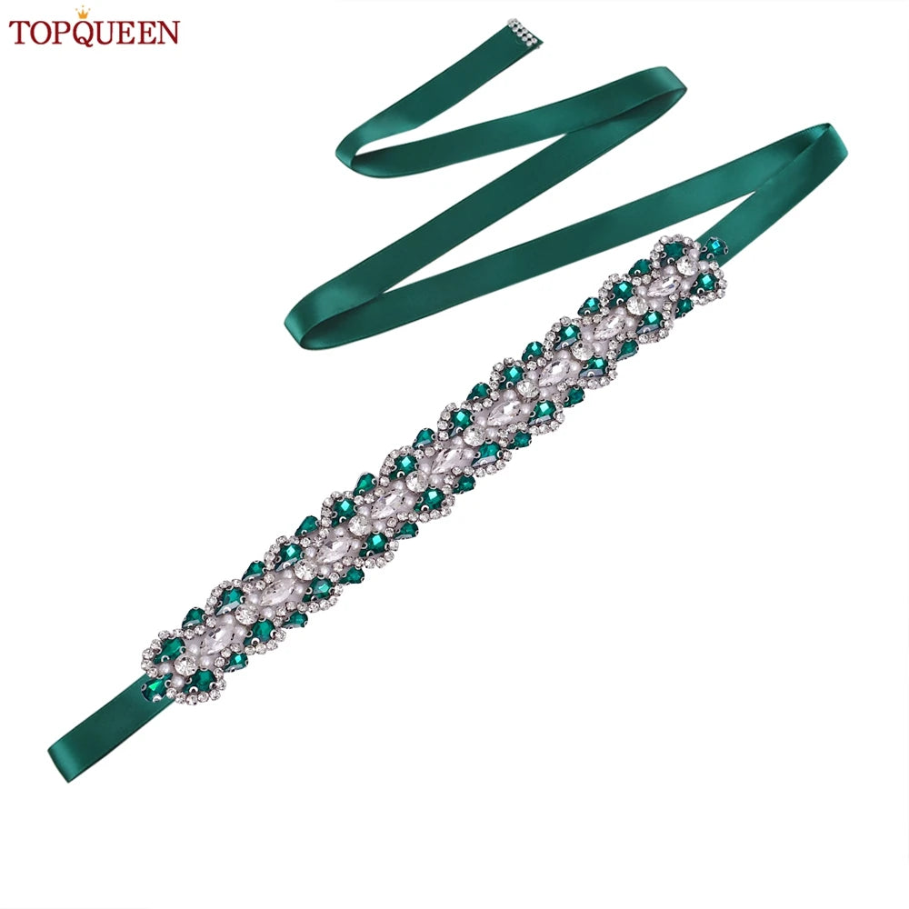 TOPQUEEN Luxury New Bridal Belt Wedding Supplies Dinner Dress Waist Decoration Green Bridesmaid Sash Accessories S466-D